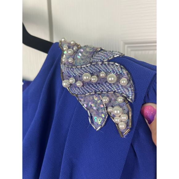 Vtg 80s Ursula of Switzerland Size 12 Blue Chiffon Drape Sequin Shoulder dress - Picture 2 of 10